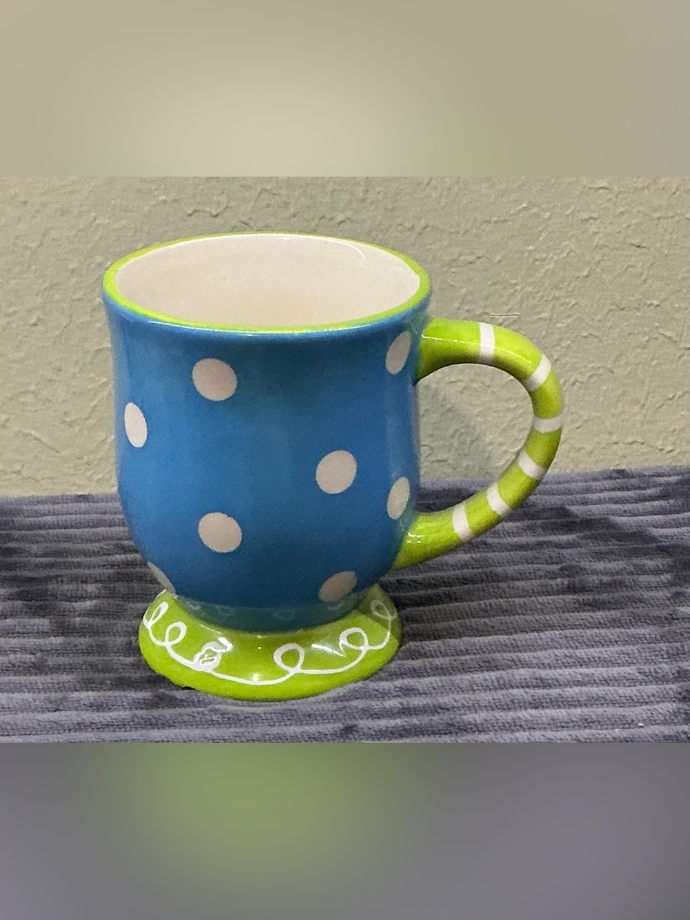 Burton+Burton Aqua Breeze Polka Dot Mug Pedestal Footed Blue Lime Green Stripe